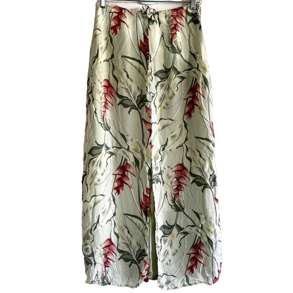 Tommy Bahama Silk Midi Skirt Tropical Print Front Slit Tie Waist Green Red 8 - Picture 1 of 5